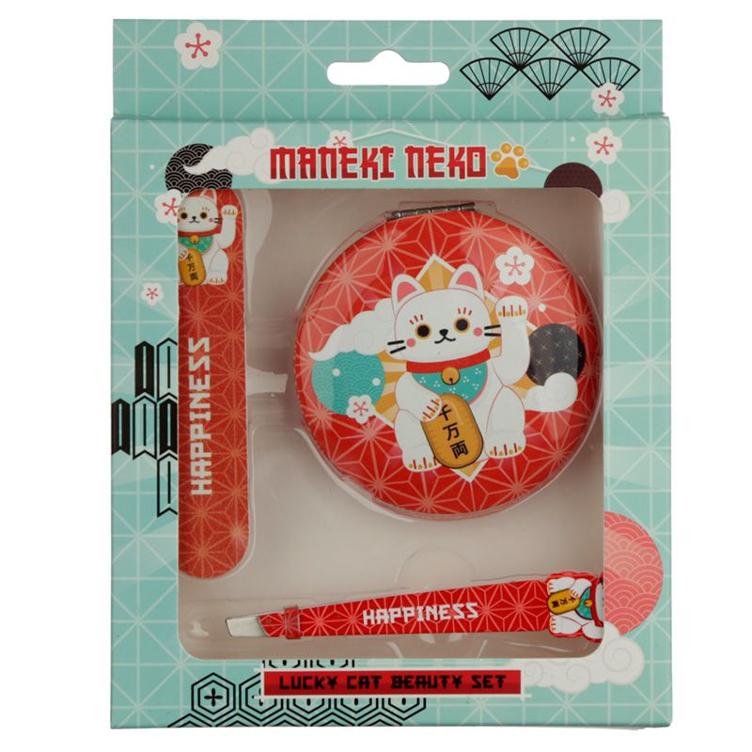 Maneki Neko Glückskatze Taschenspiegel, Nagelfeile und Pinzette Beauty-Set