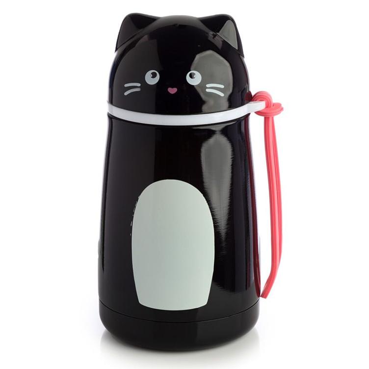 Feline Fine schwarze Katze geformte wiederverwendbare isolierte Trinkflasche aus Edelstahl