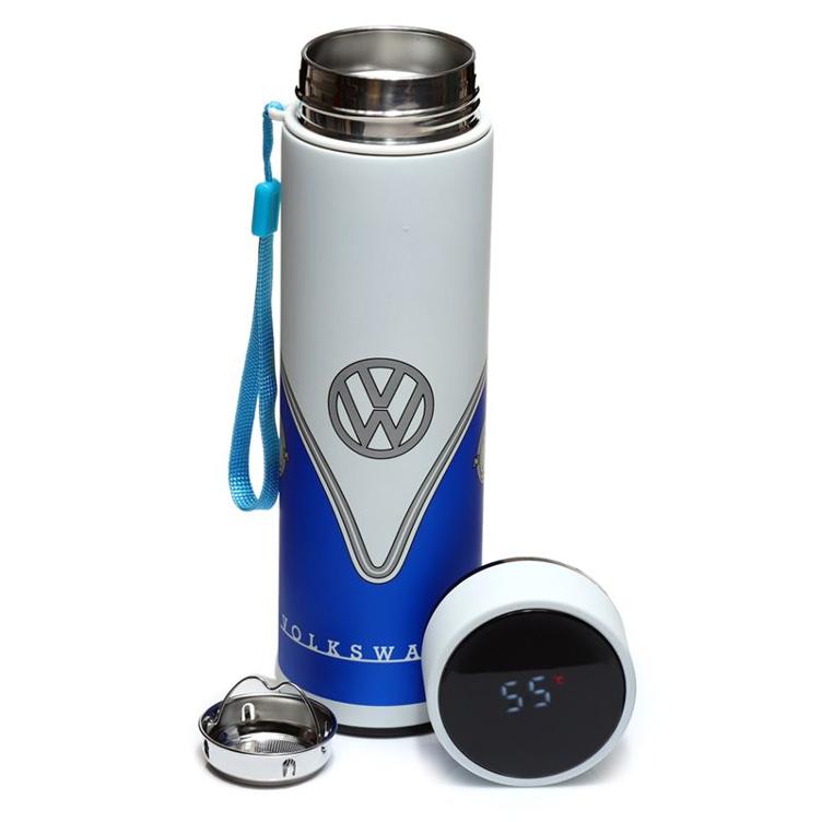 Volkswagen Bulli VW Bus T1 Blaue isolierte Flasche aus Edelstahl mit digitalem Thermometer