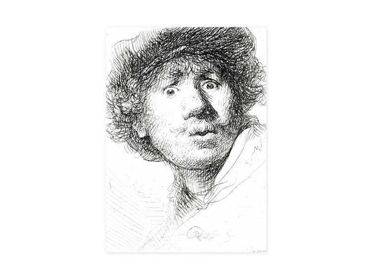 Geschirrtuch, Selbstporträt mit erstauntem Blick, Rembrandt