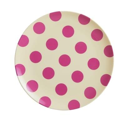 Assiette à dessert en mélamine de couleur crème avec imprimé à pois fuchsia